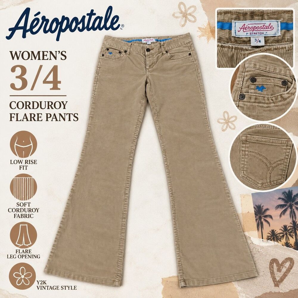 Aéropostale Women's 3/4 Long Tan Corduroy Flare Pants Y2K Low Rise